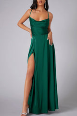 Dacelyn Satin Dress | Cowl Neck Spaghetti Strap Maxi Dress with Thigh-High Slit