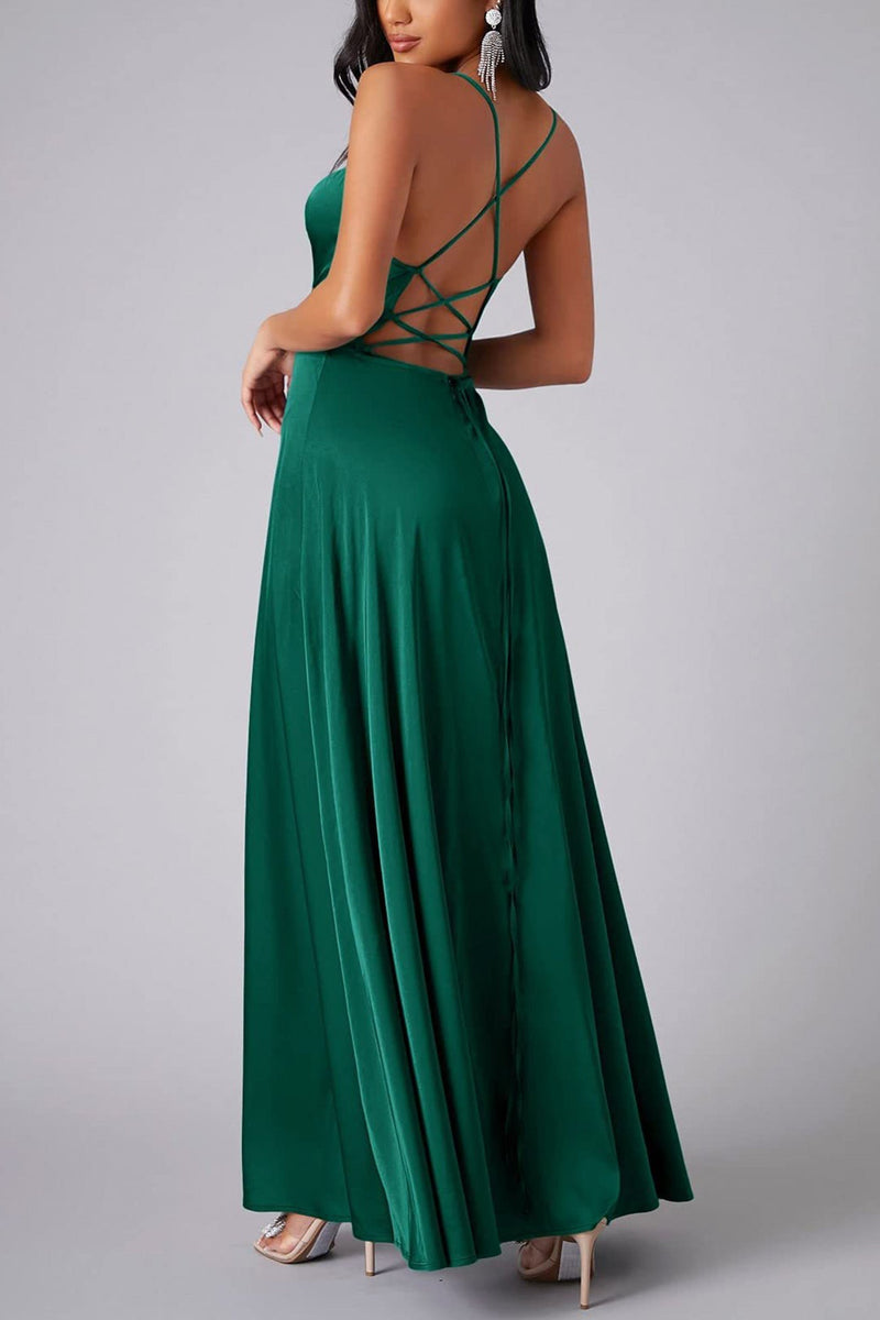Dacelyn Satin Dress | Cowl Neck Spaghetti Strap Maxi Dress with Thigh-High Slit