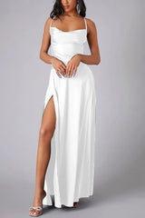 Dacelyn Satin Dress | Cowl Neck Spaghetti Strap Maxi Dress with Thigh-High Slit