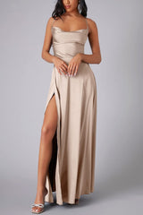 Dacelyn Satin Dress | Cowl Neck Spaghetti Strap Maxi Dress with Thigh-High Slit