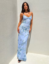 Curienna Maxi Dress | Light Blue Floral Bodycon Dress with Spaghetti Straps for Women