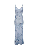 Curienna Maxi Dress | Light Blue Floral Bodycon Dress with Spaghetti Straps for Women