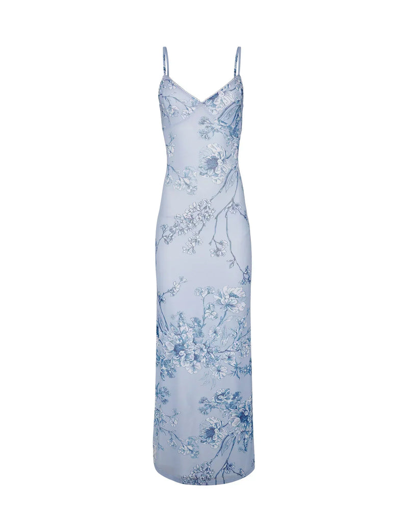 Curienna Maxi Dress | Light Blue Floral Bodycon Dress with Spaghetti Straps for Women