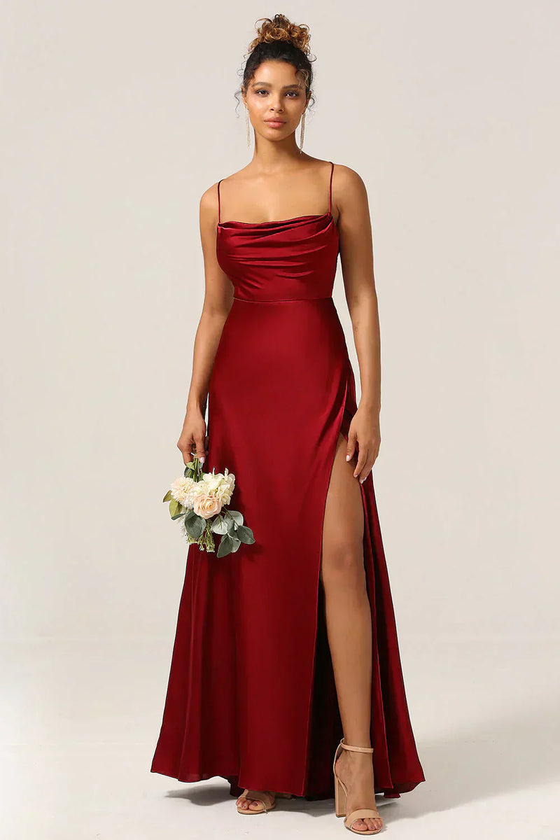 Dacirae Dress | Satin Slit Maxi Dress with Draped Neckline and Spaghetti Straps