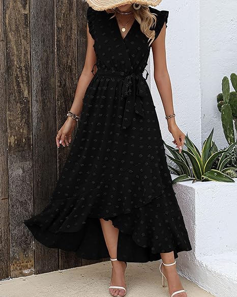 Belinda Maxi Dress | Textured Fabric V-Neck Summer Dress with Ruffles and Waist Tie