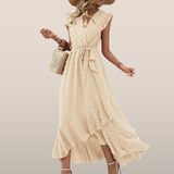 Belinda Maxi Dress | Textured Fabric V-Neck Summer Dress with Ruffles and Waist Tie