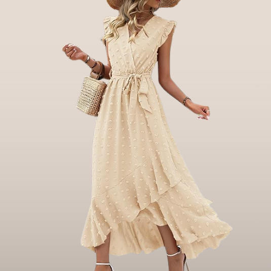 Belinda Maxi Dress | Textured Fabric V-Neck Summer Dress with Ruffles and Waist Tie