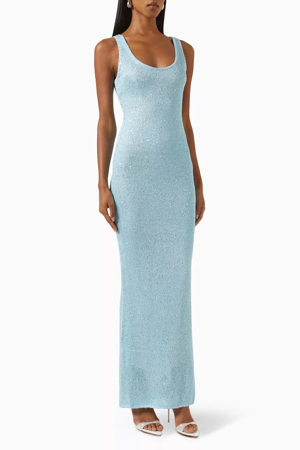Calira Maxi Dress | Sleeveless Light Blue Sequin Scoop Neck Fitted Maxi Dress for Women