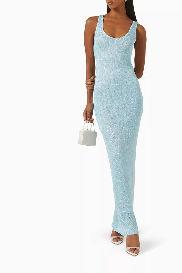 Calira Maxi Dress | Sleeveless Light Blue Sequin Scoop Neck Fitted Maxi Dress for Women