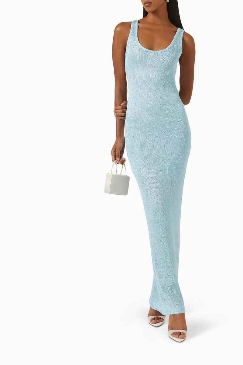 Calira Maxi Dress | Sleeveless Light Blue Sequin Scoop Neck Fitted Maxi Dress for Women