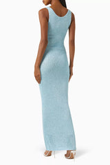 Calira Maxi Dress | Sleeveless Light Blue Sequin Scoop Neck Fitted Maxi Dress for Women