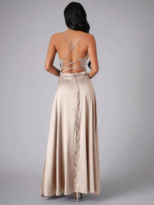 Dacirae Dress | Satin Slit Maxi Dress with Draped Neckline and Spaghetti Straps