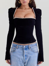 Olevia Top | Black Velvet Corset with Pearl Detail