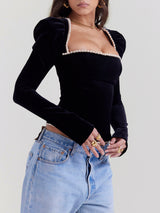 Olevia Top | Black Velvet Corset with Pearl Detail