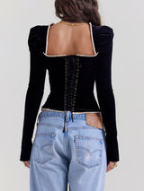 Olevia Top | Black Velvet Corset with Pearl Detail