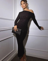 Ceyana Evening Dress | One-Shoulder Black Glitter Bodycon Dress