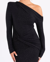 Ceyana Evening Dress | One-Shoulder Black Glitter Bodycon Dress